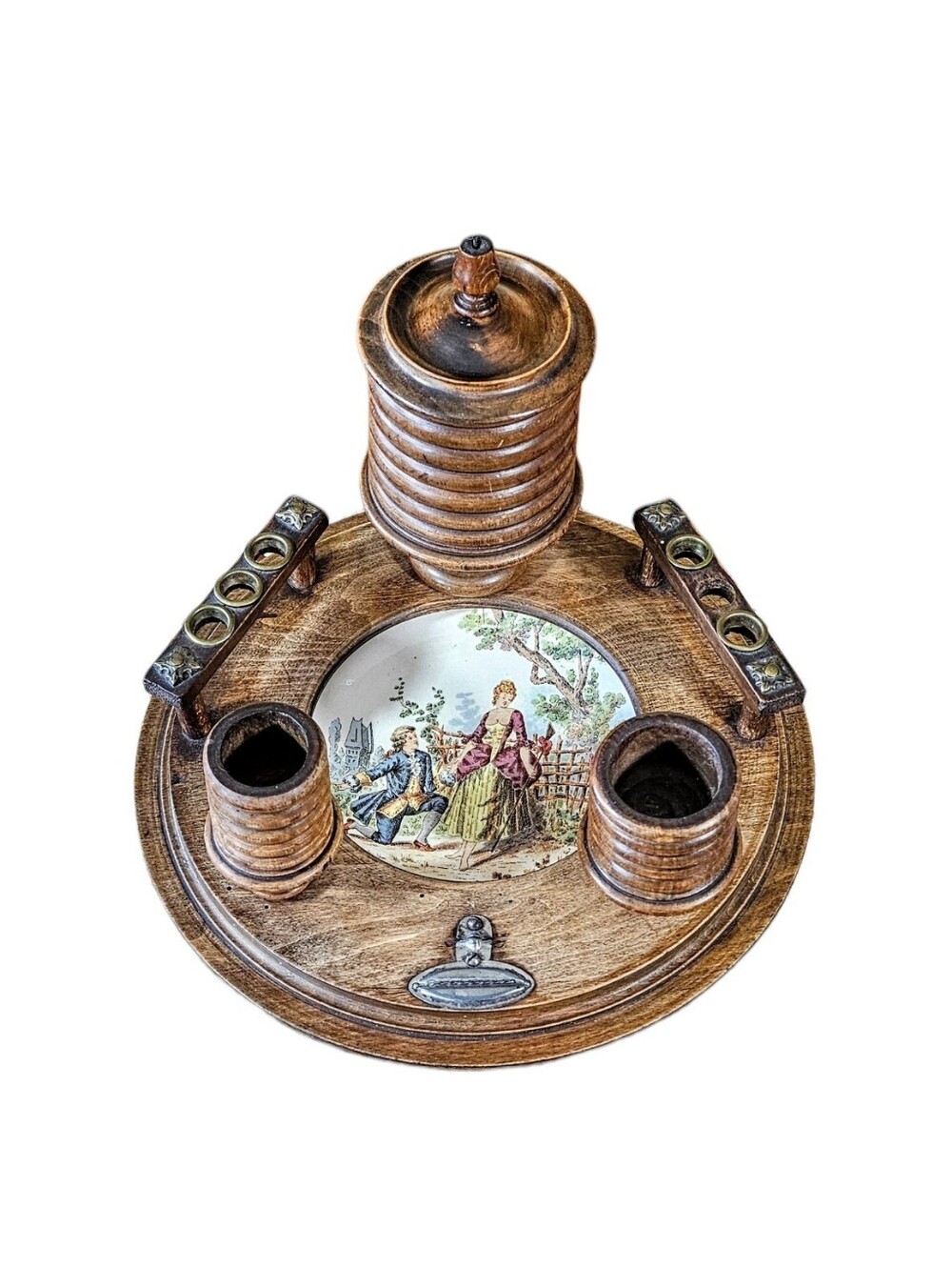 Antique Sarreguemines French Plate In A Wood Pipe Stand Humidor RARE Old